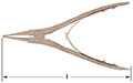 A pair of bronze long-nose circlip pliers with a v-shaped spring-loaded handle, lying horizontally flat on a white background. The tool's tip and handle are pointed outward in opposite directions, and a double-headed arrow below indicates overall length f